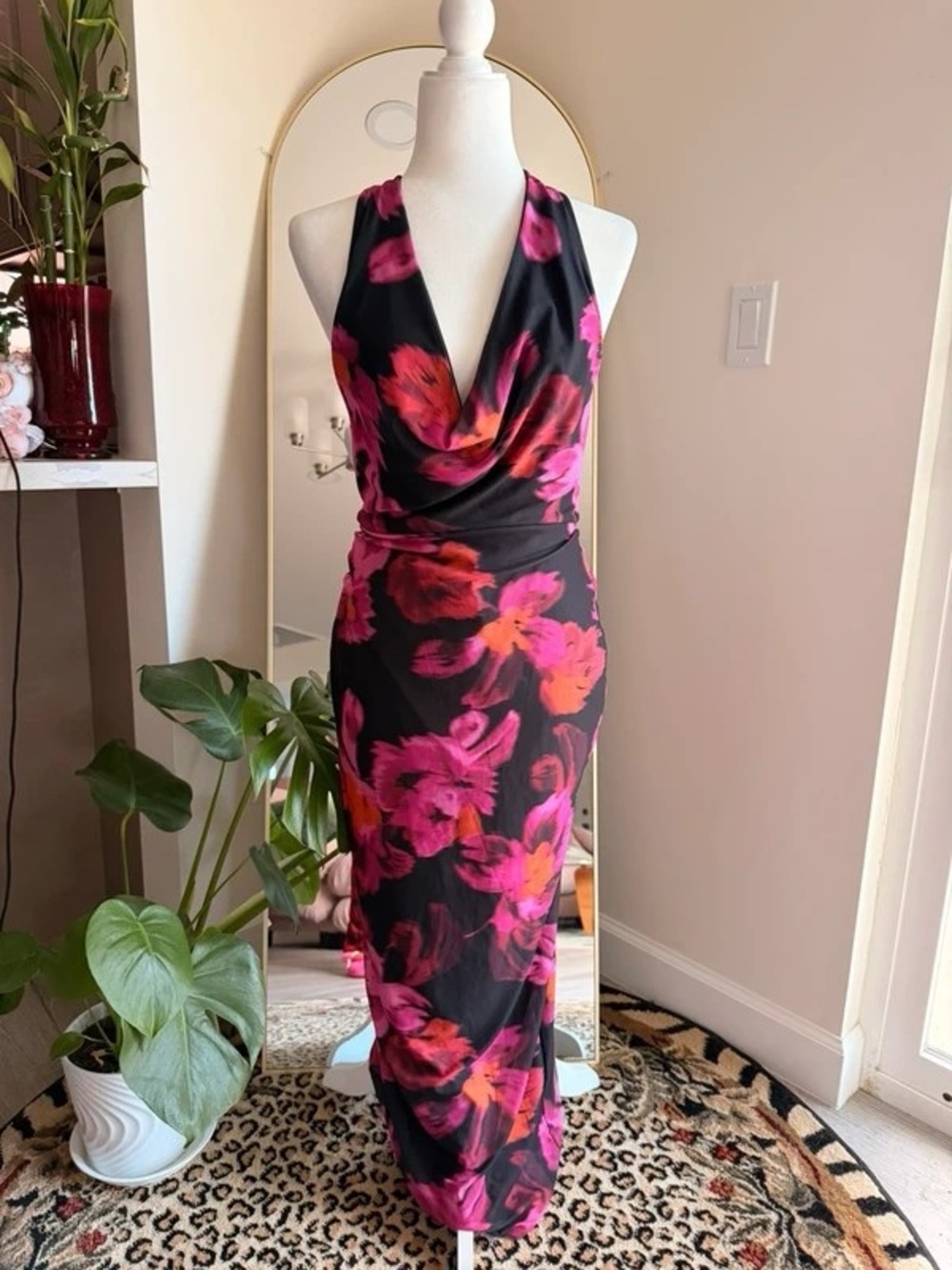 Black Halter Maxi Dress with Pink Floral Print